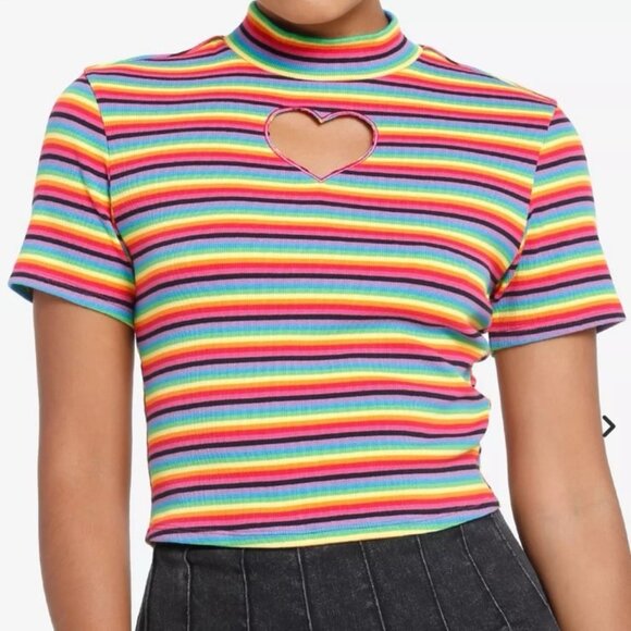 Hot Topic Social Collision Rainbow Stripe Heart Cutout Mock Neck Top M - Picture 2 of 6